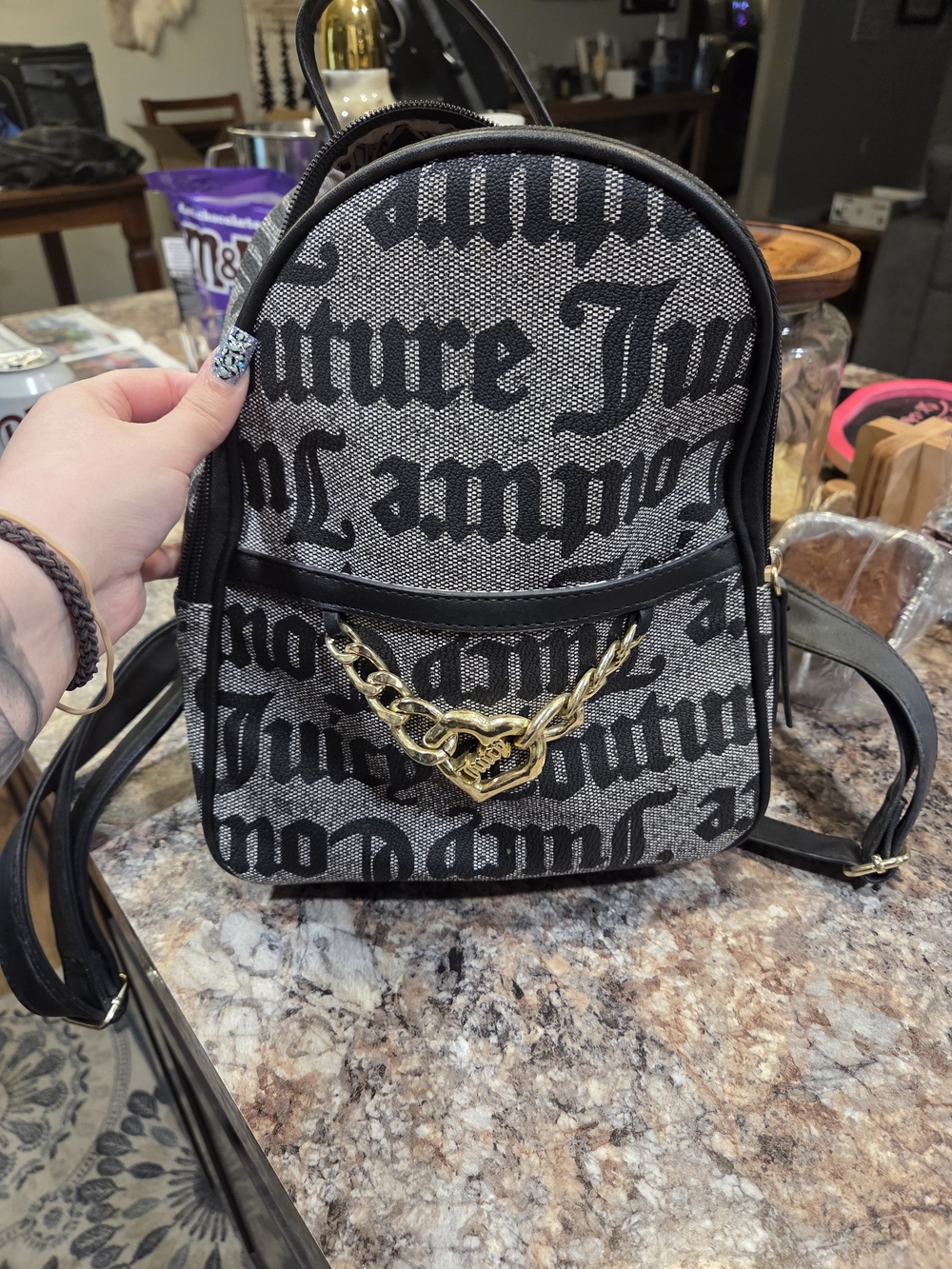 Juicy Couture Black & Gray Script Mini Backpack with Gold Heart Chain